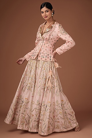 Pink Chanderi Silk Aari & Floral Hand Embroidered Lehenga Set by Rahul Singh