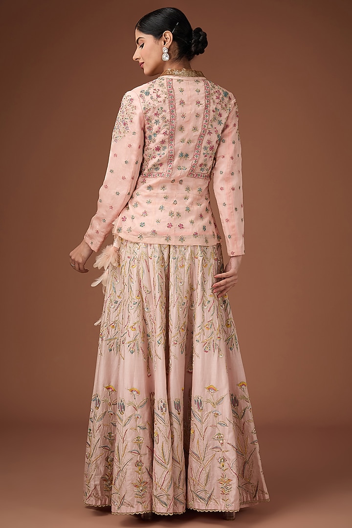Pink Chanderi Silk Aari & Floral Hand Embroidered Bridal Lehenga Set by Rahul Singh at Pernia's Pop Up Shop