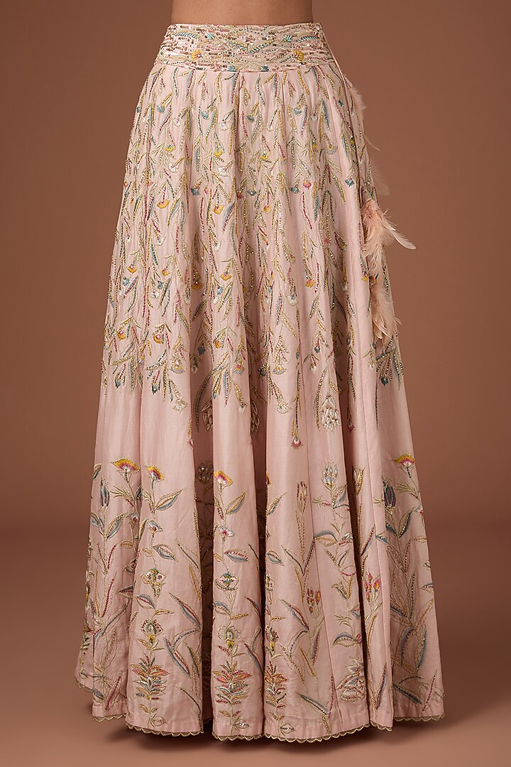 Pink Chanderi Silk Aari & Floral Hand Embroidered Bridal Lehenga Set by Rahul Singh at Pernia's Pop Up Shop