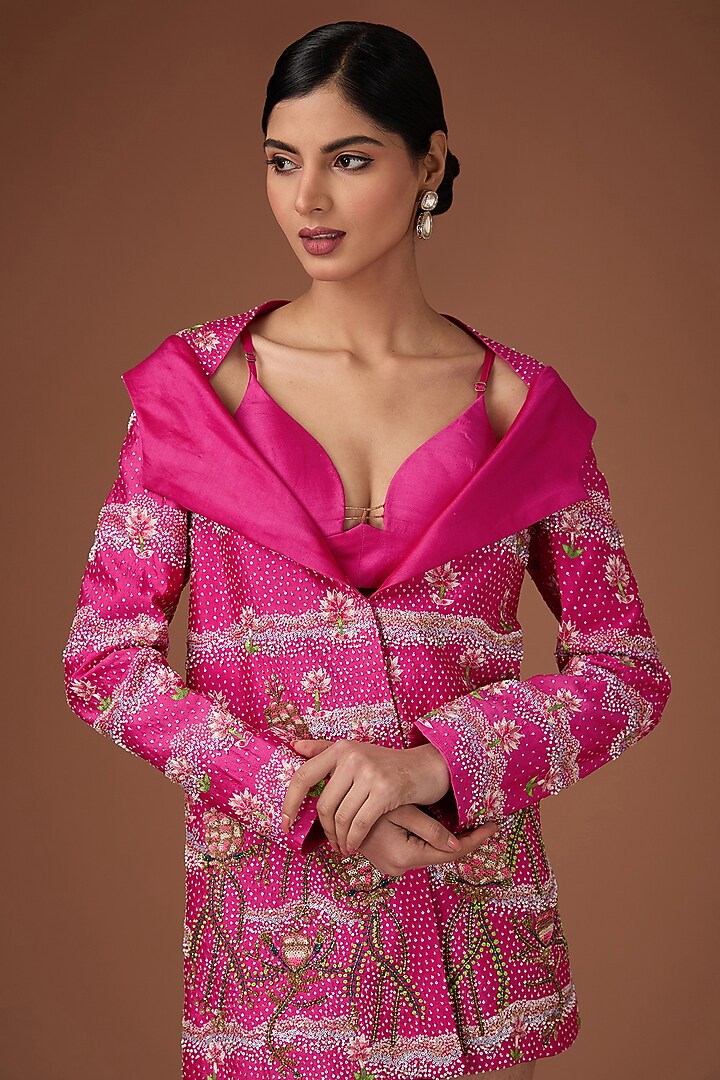 Pink Chanderi Silk Aari & Floral Hand Embroidered Mini Party Wear Dress by Rahul Singh at Pernia's Pop Up Shop