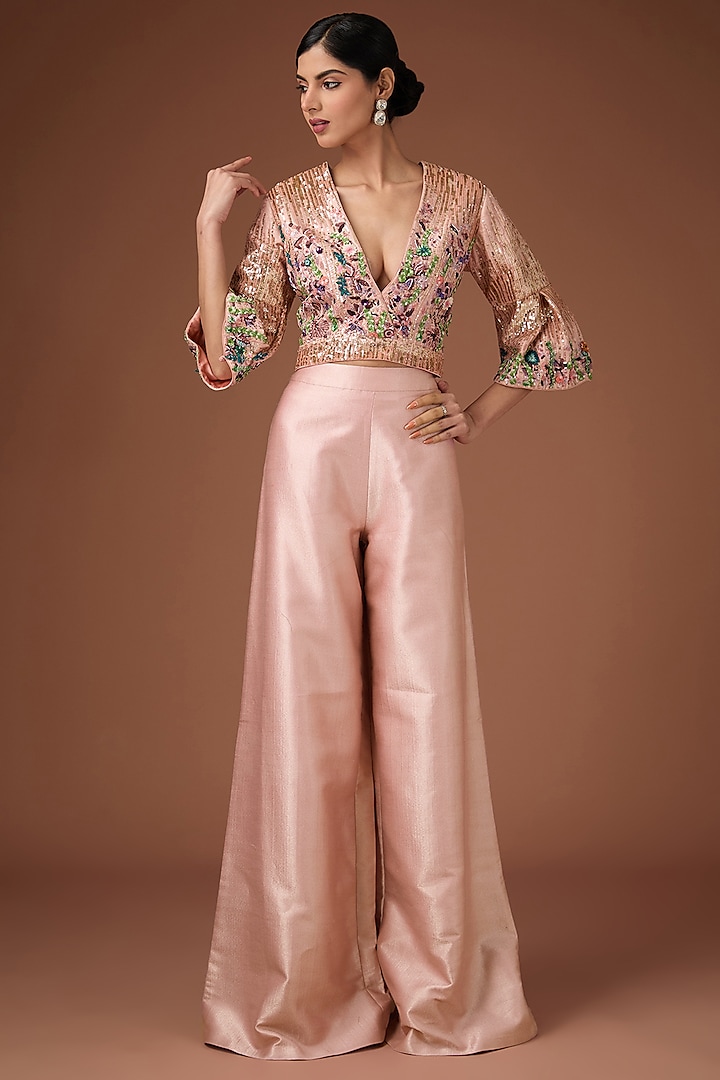 Pink Linen Silk Pant Set by Rahul Singh