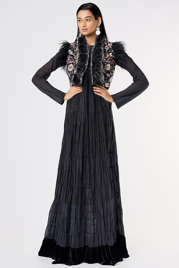 Black Embroidered Jacket Dress by Rahul Singh