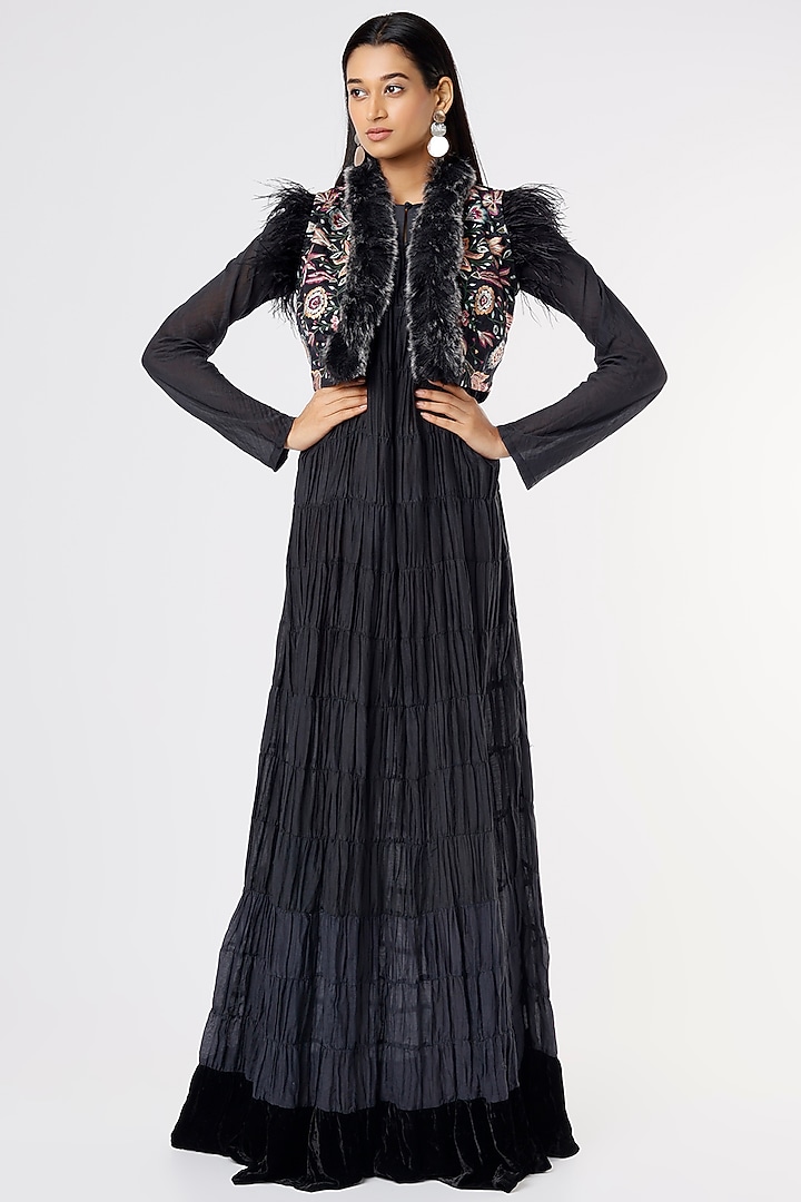 Black Cotton Silk & Organza Embroidered Jacket Party Wear Dress by Rahul Singh at Pernia's Pop Up Shop