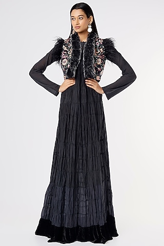 Black Cotton Silk & Organza Embroidered Jacket Dress by Rahul Singh