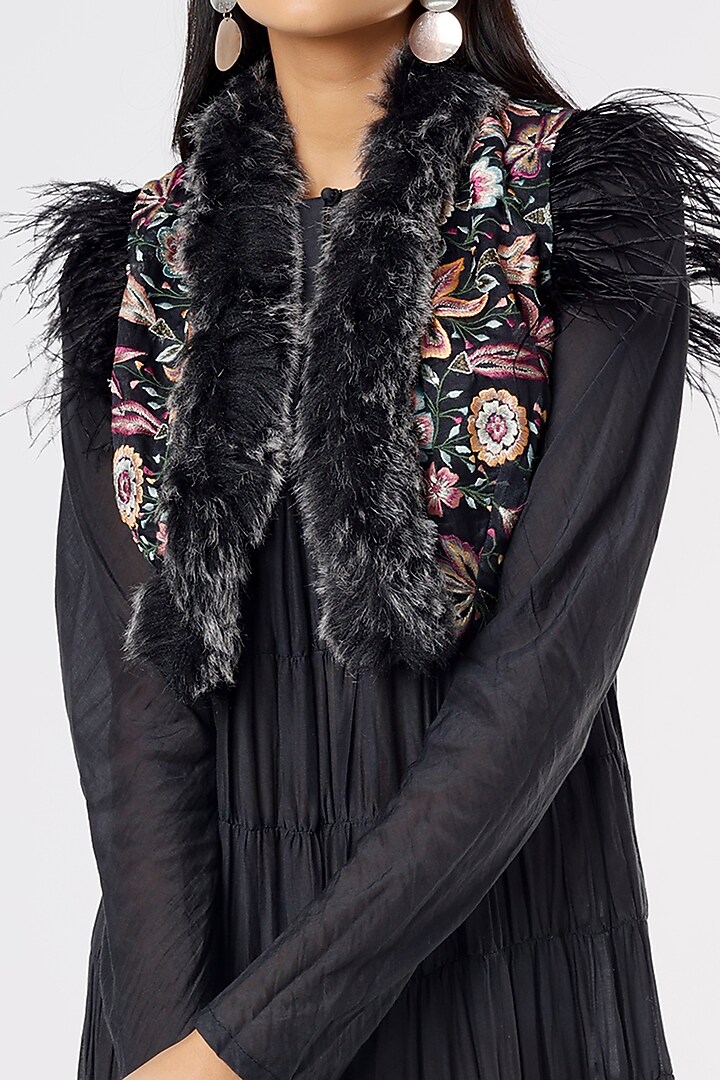 Black Cotton Silk & Organza Embroidered Jacket Party Wear Dress by Rahul Singh at Pernia's Pop Up Shop