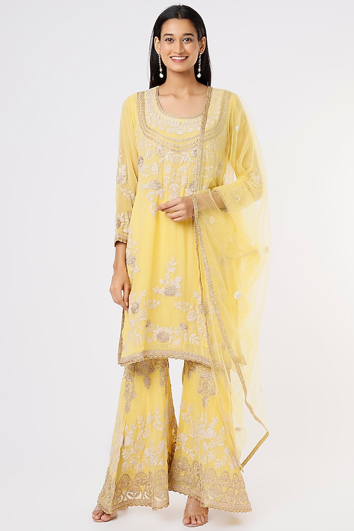 Yellow Embroidered Sharara Set by Rahul Singh