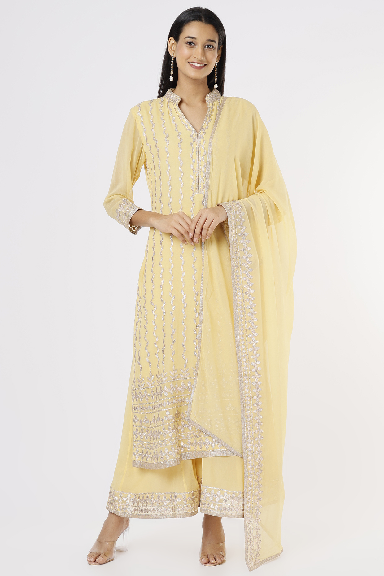 Pale Yellow Sharara Set With Embroidery by Rahul Singh