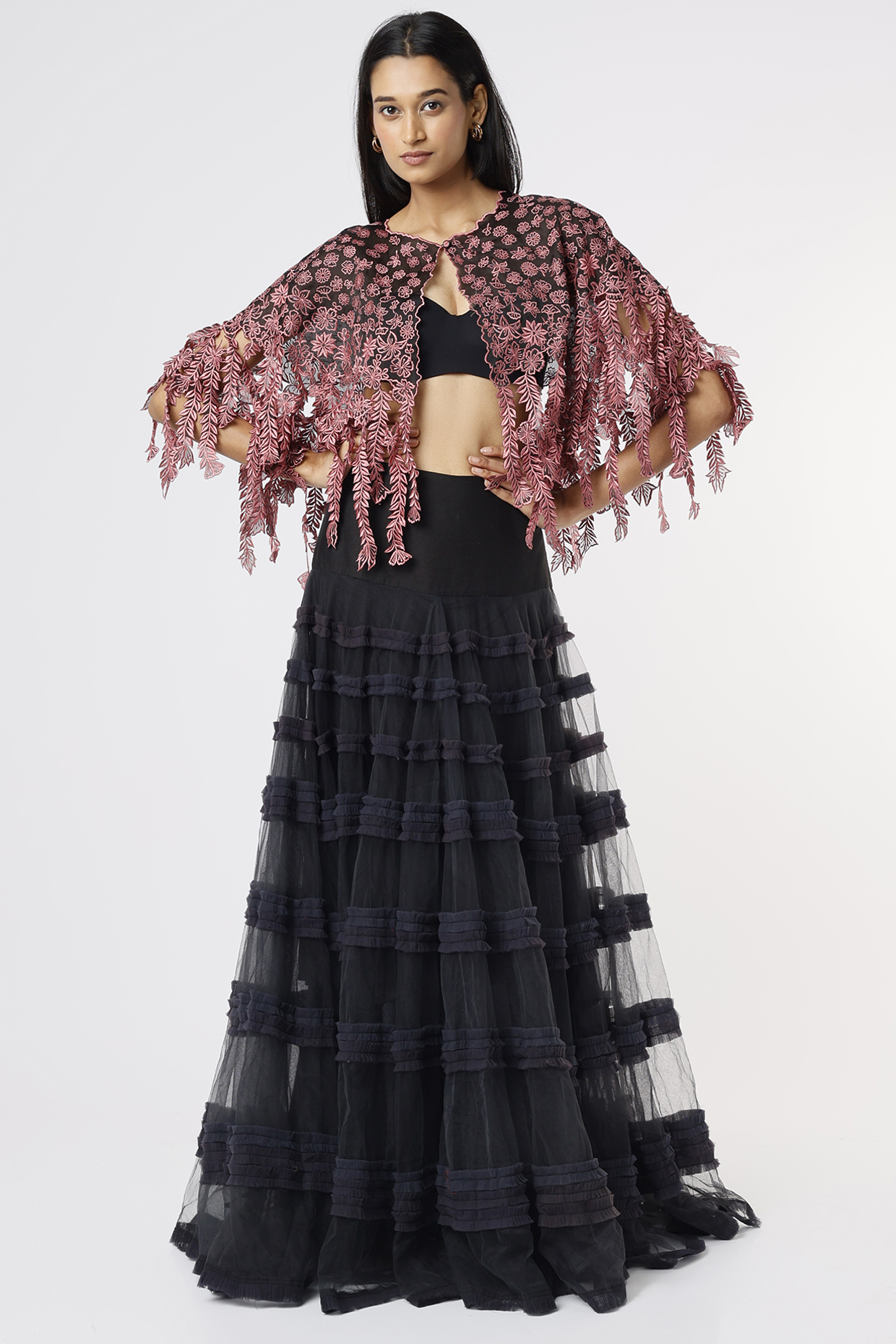 Pink & Black Silk Organza Embroidered Jacket Wedding Lehenga Set by Rahul Singh at Pernia's Pop Up Shop