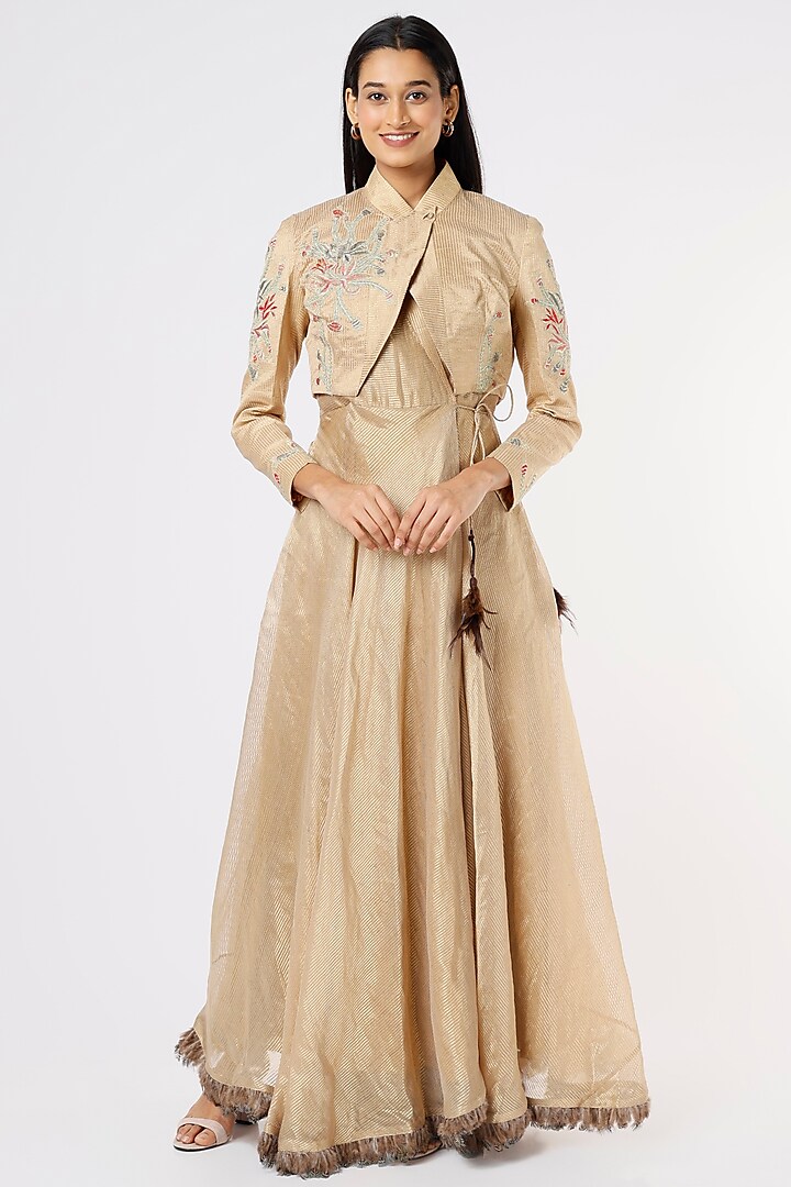 Gold Chanderi Silk Jacket Dress by Rahul Singh