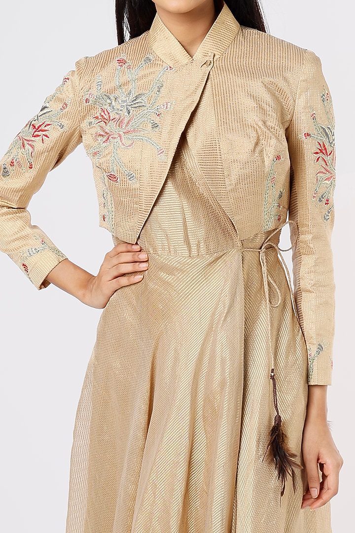 Gold Chanderi Silk Jacket Party Wear Dress by Rahul Singh at Pernia's Pop Up Shop