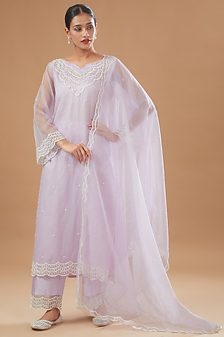 Pink Silk Organza Machine Embroidered Kurta Set by Rahul Singh
