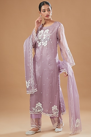 Purple Silk Organza Machine Embroidered Kurta Set by Rahul Singh
