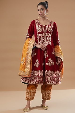 Red Velvet Embroidered Kurta Set by Rahul Singh