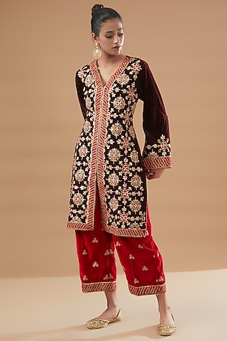 Brown Velvet Embroidered Kurta Set by Rahul Singh