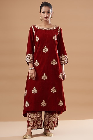 Red Velvet Embroidered Kurta Set by Rahul Singh