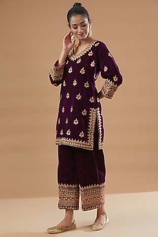 Wine Velvet Embroidered Kurta Set by Rahul Singh