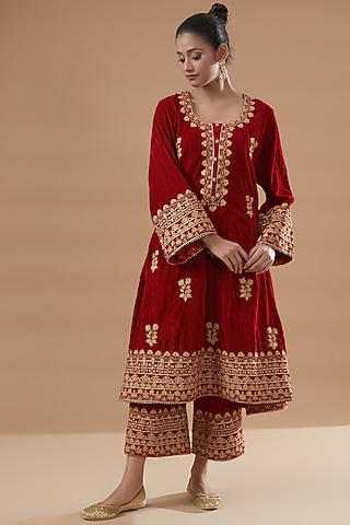 Red Velvet Embroidered Kurta Set by Rahul Singh