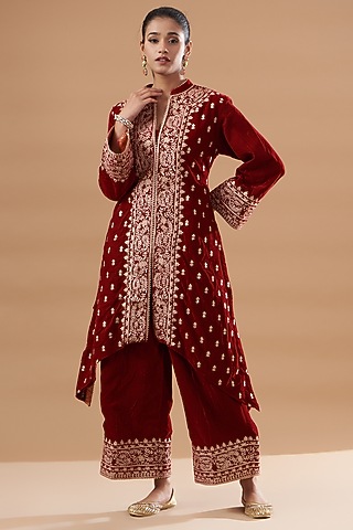 Red Velvet Embroidered Kurta Set by Rahul Singh