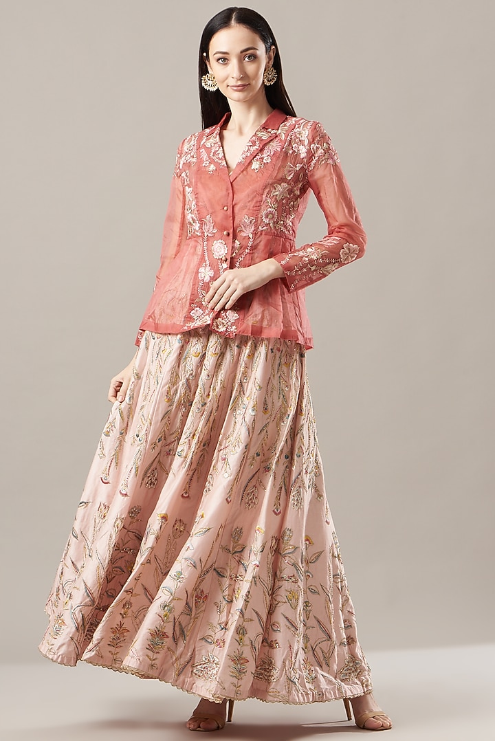 Baby Pink Silk Chanderi Party Wear Dress With Embroidered Jacket by Rahul Singh at Pernia's Pop Up Shop