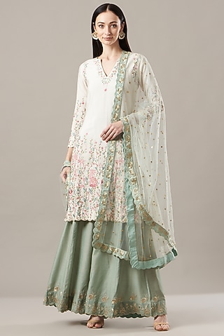 Greyish Blue Chanderi Silk Sharara Set by Rahul Singh