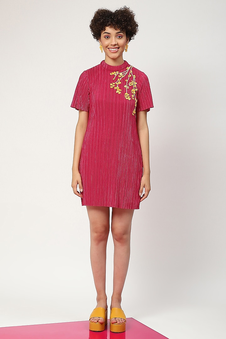 Fuchsia Pleated Fabric Embroidered Dress by RADKA at Pernia's Pop