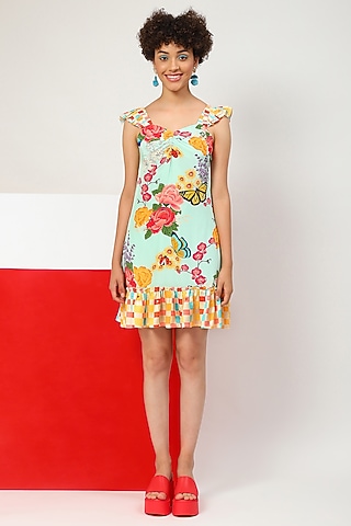 Aqua Viscose Crepe Printed Ruched Mini Dress by RADKA