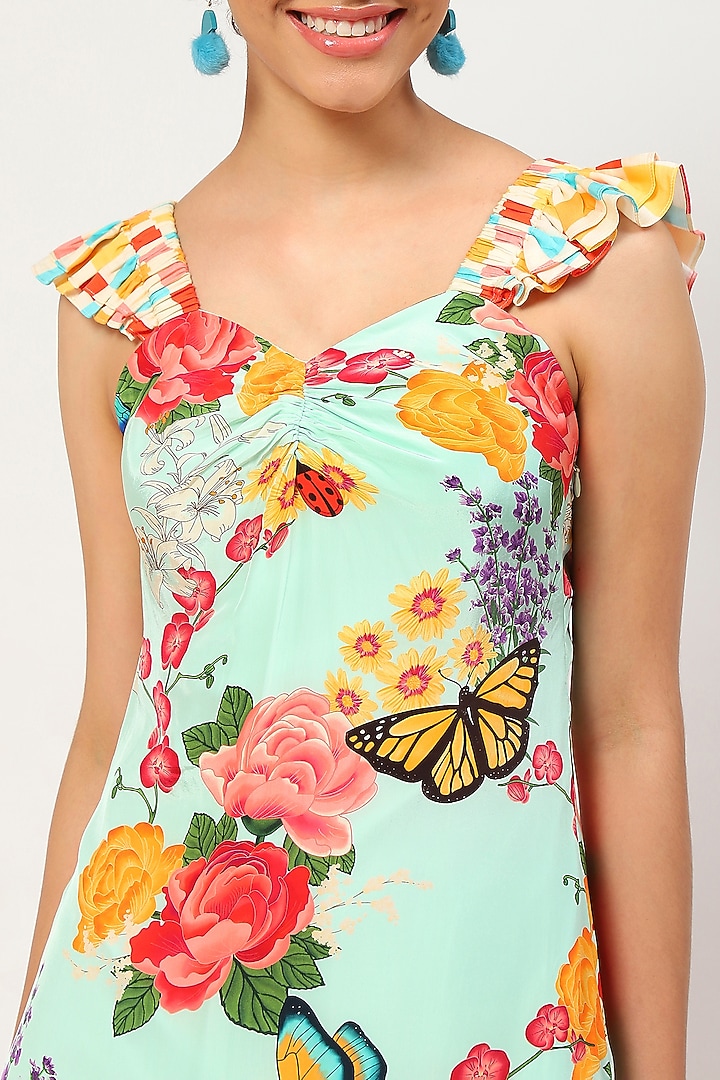 Aqua Viscose Crepe Printed Ruched Mini Summer Dress by RADKA at Pernia's Pop Up Shop
