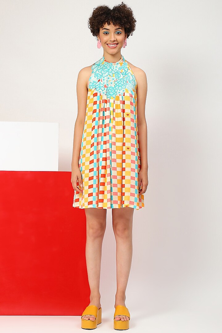 Multi-Colored Satin Slub Printed & Embroidered Dress  by RADKA at Pernia's Pop Up Shop