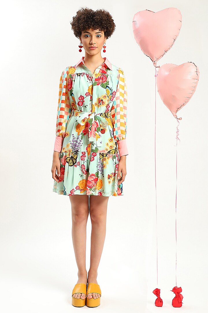 Aqua Sea Viscose Crepe Printed Summer Shirt Dress by RADKA at Pernia's Pop Up Shop