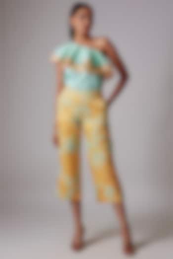 Yellow Linen Satin Floral Embroidered Flared Pants by RADKA at Pernia's Pop Up Shop
