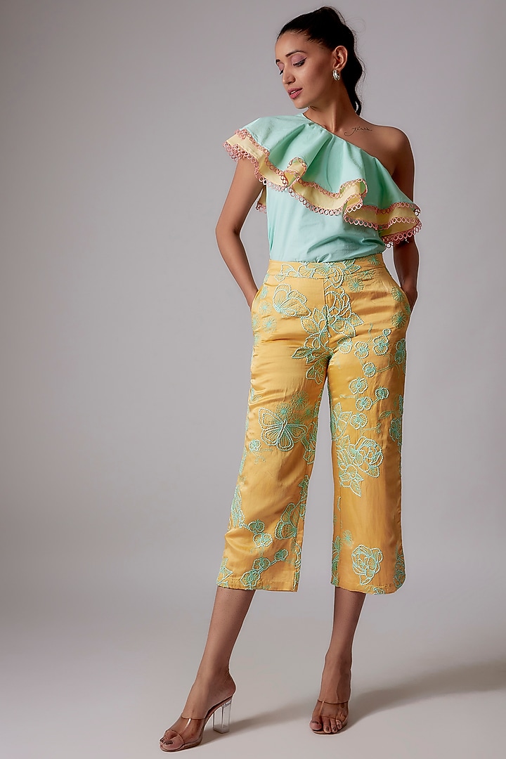 Blue & Yellow Cotton Poplin One-Shoulder Ruffled Top by RADKA at Pernia's Pop Up Shop