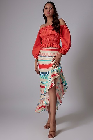 Multi-Colored Orient Slub Printed Asymmetric Frill Skirt by RADKA