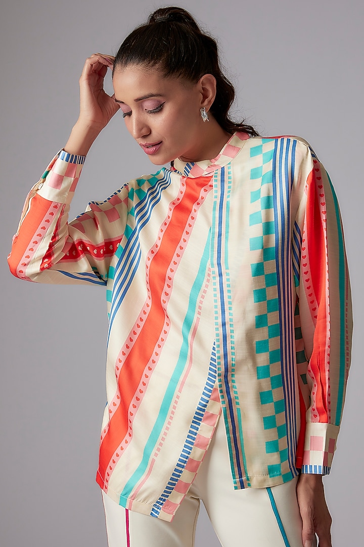 Multi-Colored Orient Slub Printed Asymmetric Shirt by RADKA at Pernia's Pop Up Shop
