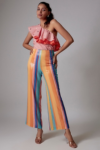 Pink & Red Cotton Poplin Embellished One Shoulder Ruffled Top by RADKA