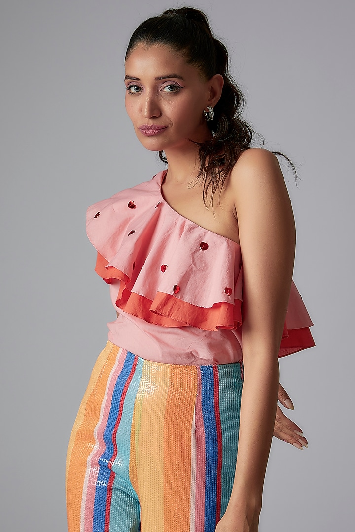 Pink & Red Cotton Poplin Embellished One Shoulder Ruffled Top by RADKA at Pernia's Pop Up Shop