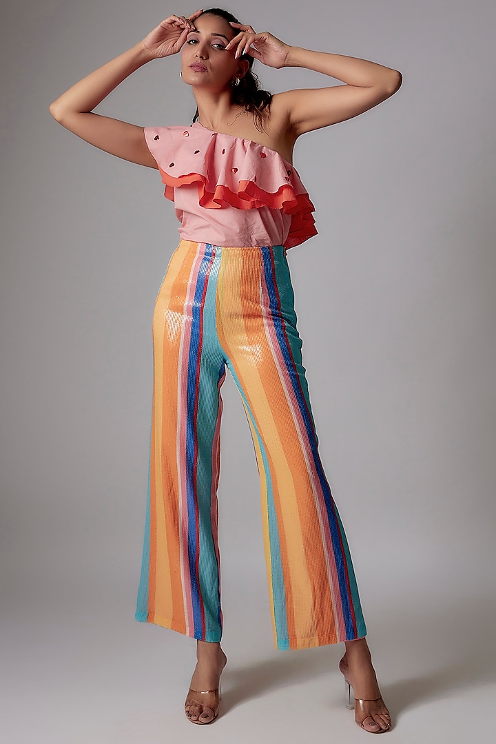 Multi-Colored Sequins Printed Flared Parallel Pants by RADKA