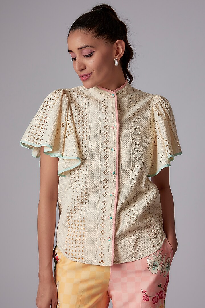 Off-White Cotton & Semi Crepe Shirt by RADKA at Pernia's Pop Up Shop