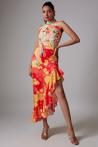 Multi-Colored Satin & Tencel Voile Printed Top by RADKA