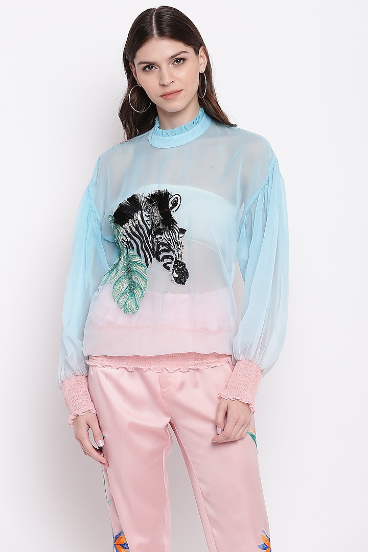 Blue & Pink Ombre Embroidered Top by RADKA