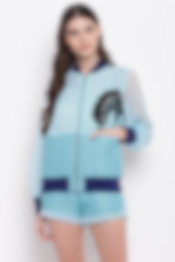 Aqua Blue Hand Embroidered Bomber Jacket by RADKA at Pernia's Pop Up Shop