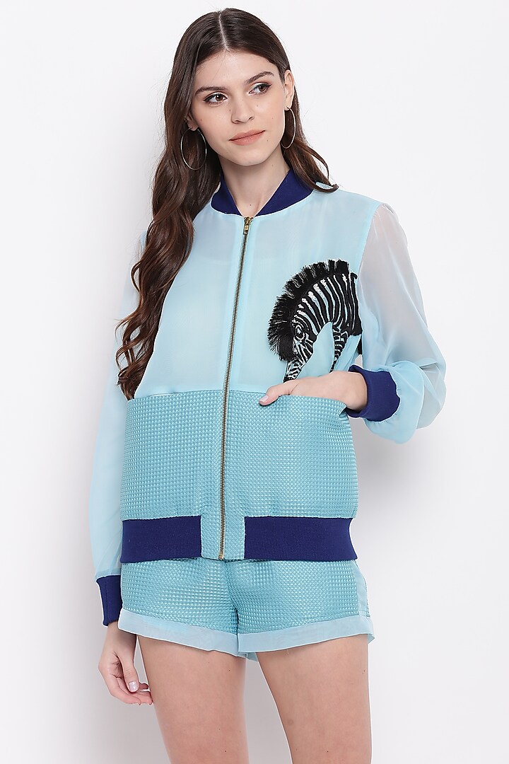 Aqua Blue Hand Embroidered Bomber Jacket by RADKA at Pernia's Pop Up Shop