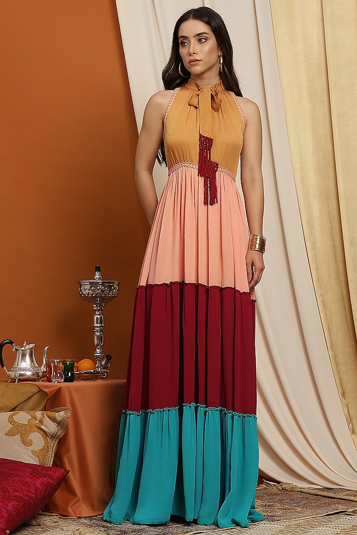 Coral & Aqua Georgette Maxi Dress by RADKA