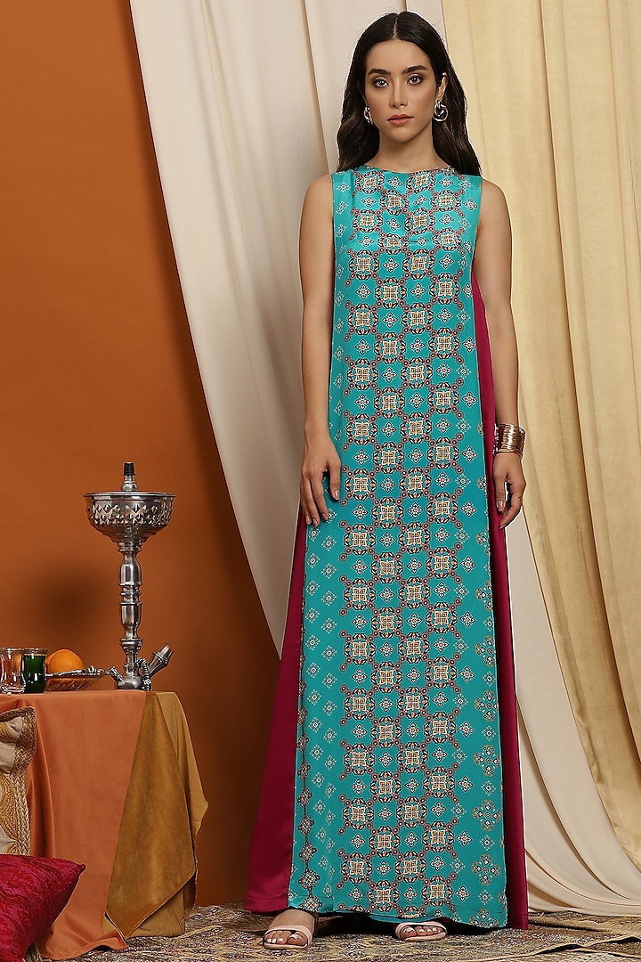 Turquoise & Magenta Printed Maxi Dress by RADKA