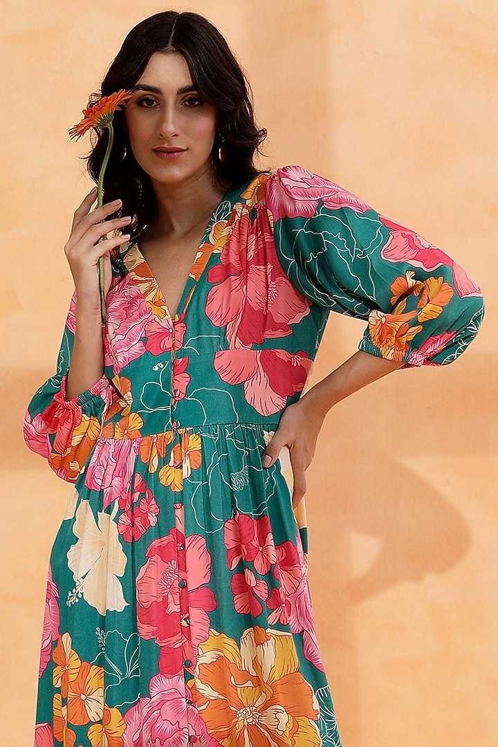 Multi-Colored Crepe Satin Printed Maxi Summer Dress by RADKA at Pernia's Pop Up Shop