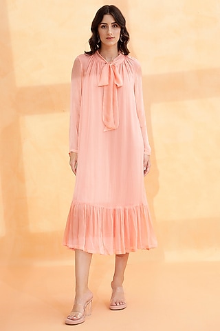 Peach Pearl Flat Chiffon Midi Dress by RADKA