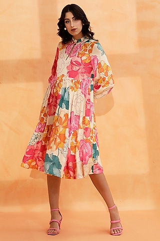Multi-Colored Crepe Satin Printed Midi Dress by RADKA