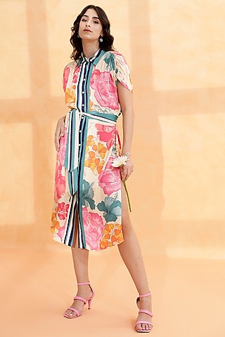 Multi-Colored Crepe Satin Printed Midi Dress by RADKA