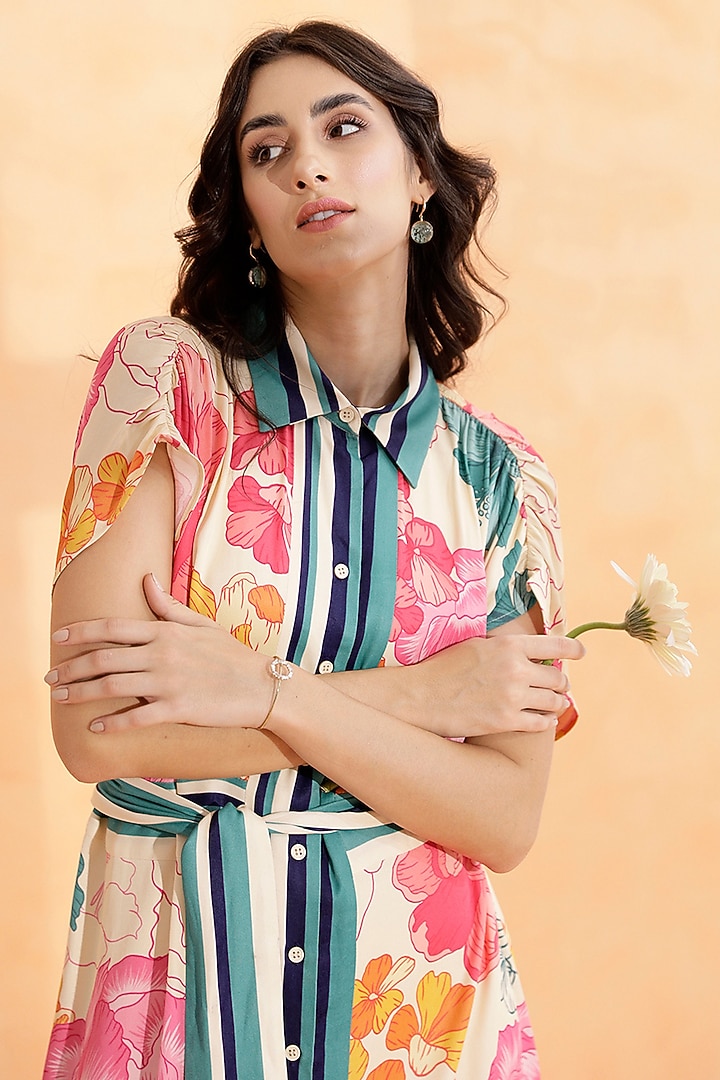 Multi-Colored Crepe Satin Printed Midi Summer Dress by RADKA at Pernia's Pop Up Shop