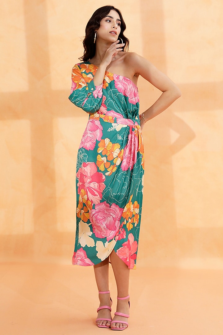 Multi-Colored Crepe Satin Printed Midi Dress by RADKA