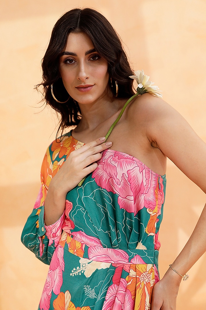 Multi-Colored Crepe Satin Printed Midi Summer Dress by RADKA at Pernia's Pop Up Shop